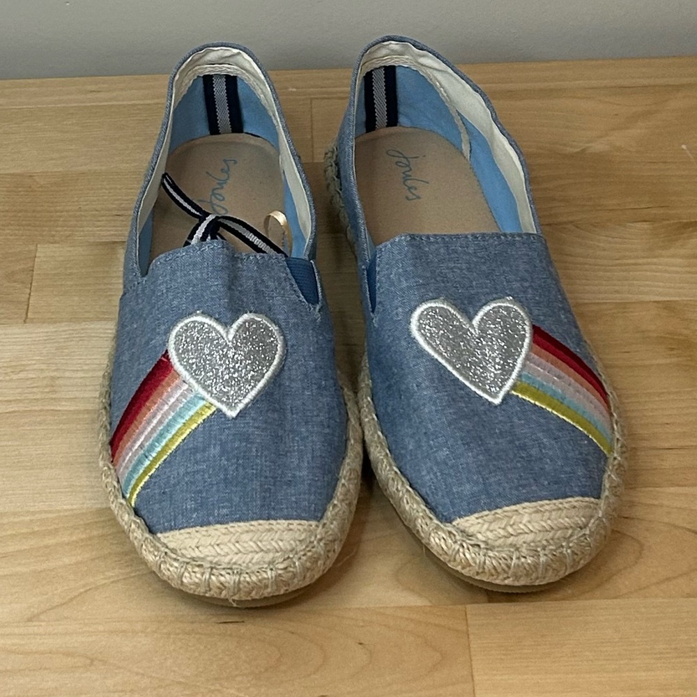 Joules Shelbury Kids Espadrille 4 Denim Rainbow Heart Slip On Shoes NWT